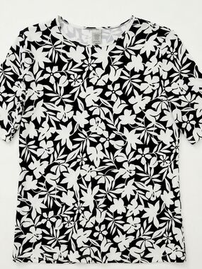 Lands' End Black and White Floral Short Sleeve SPF Shirt Woman's Large #169
